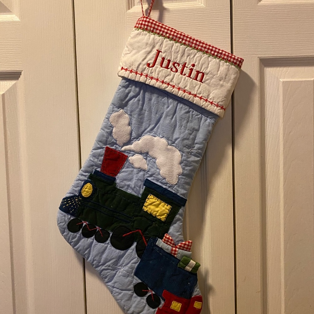 Potter barn quilted train Christmas stocking with Justin